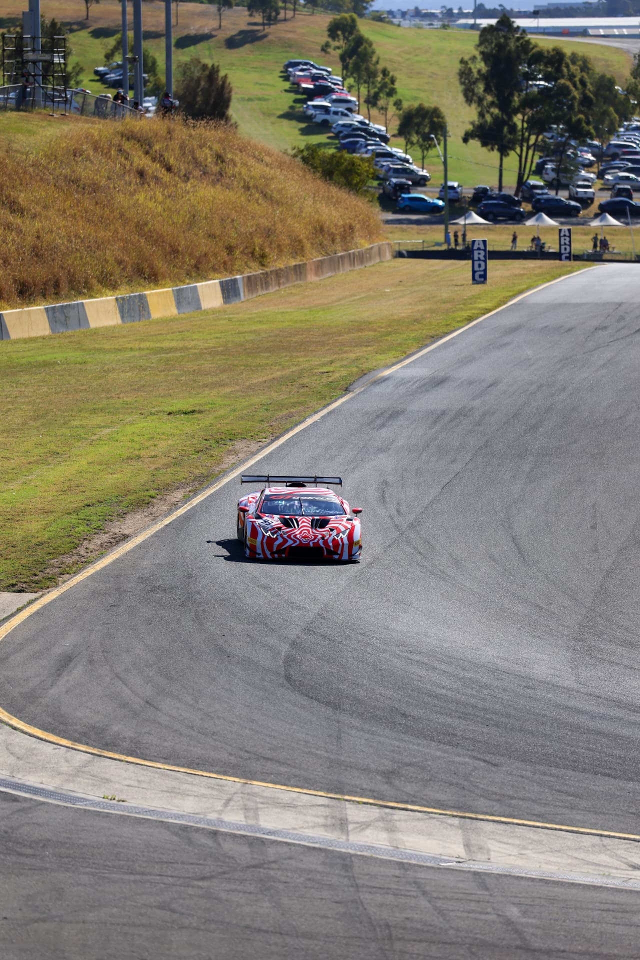 Red patterned GT car climbing the circuit hill